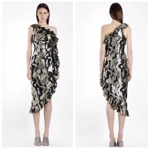 NWT The Attico Abito Asymmetric One Shoulder Metallic Midi Cocktail Dress Gold